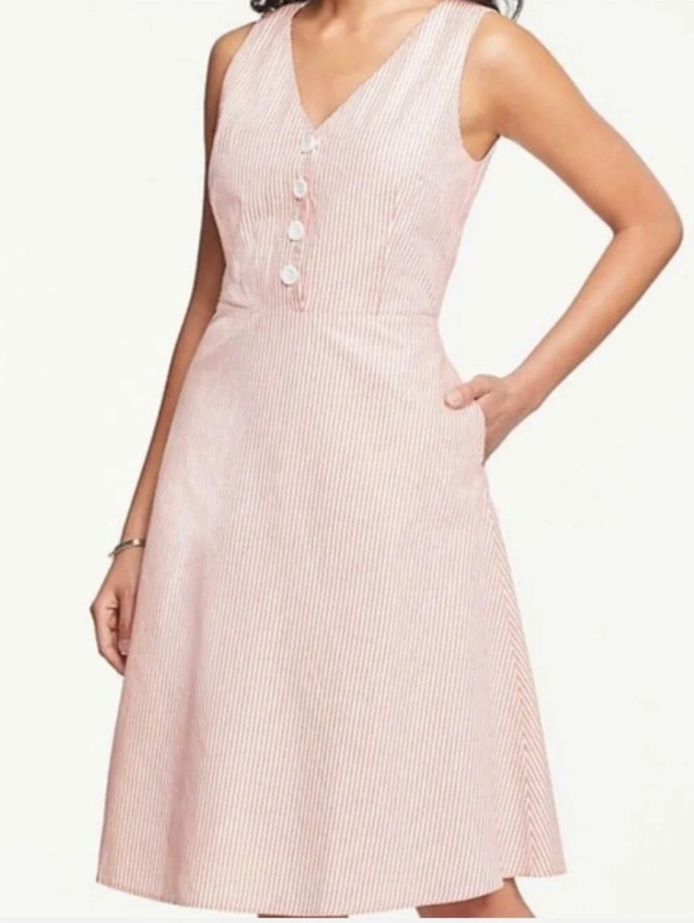 #281.Ann Taylor Factory Pink Striped V-Neck Flared Pockets Midi Dress - Picture 1 of 8